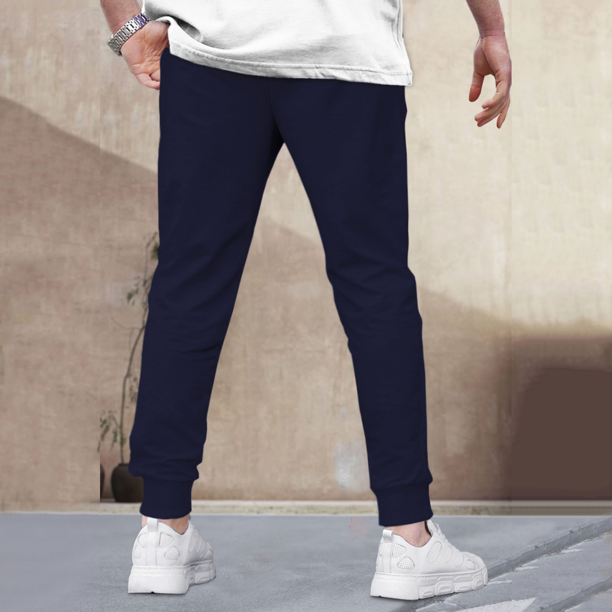 Men Plain Ankle Fit Cuffed Navy Blue Jogger