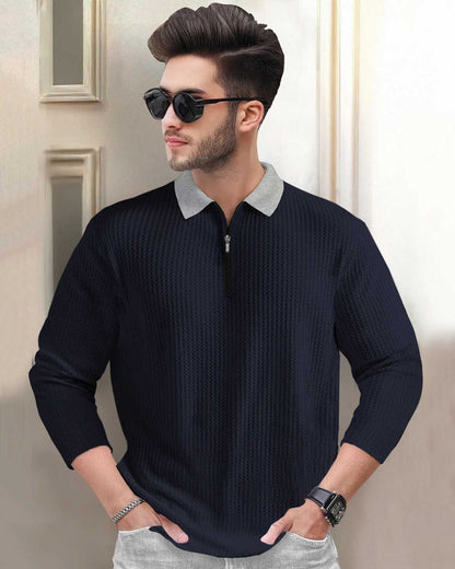 Polo Collar Navyblue & Grey Contrast Waffle Textured Full Sleeve T-shirt