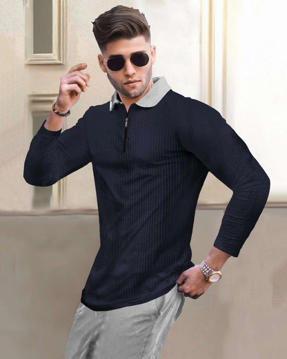 Polo Collar Navyblue & Grey Contrast Waffle Textured Full Sleeve T-shirt