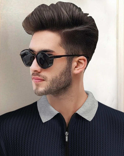 Polo Collar Navyblue & Grey Contrast Waffle Textured Full Sleeve T-shirt