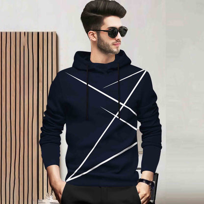 Men Full Sleeve Zig Zag Printed Hooded Navyblue T-shirt
