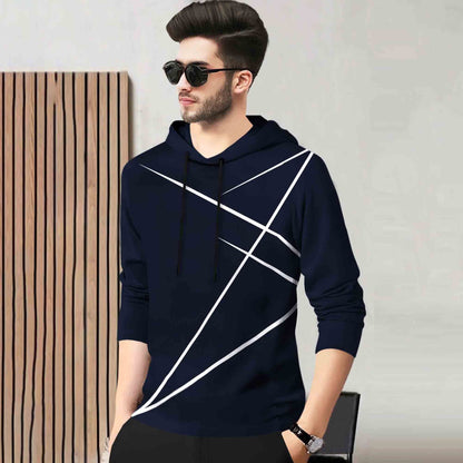 Men Full Sleeve Zig Zag Printed Hooded Navyblue T-shirt