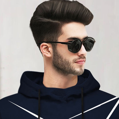Men Full Sleeve Zig Zag Printed Hooded Navyblue T-shirt