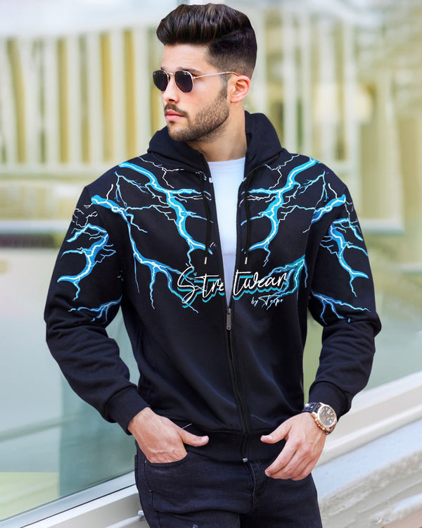 Navy Blue Thunder Print Men Hooded Jacket