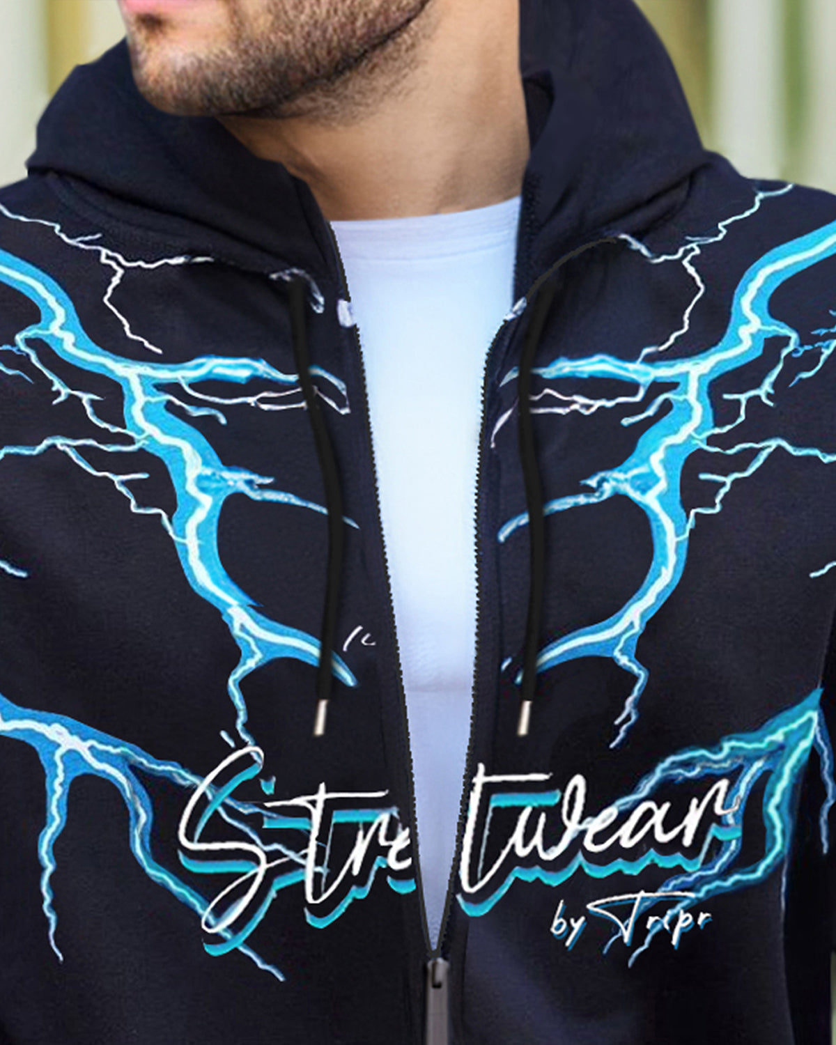 Navy Blue Thunder Print Men Hooded Jacket