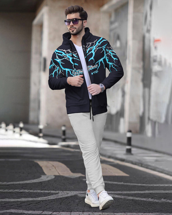 Tracksuit For Men Thunder Printed Navy Jacket / Grey Plain Trackpant