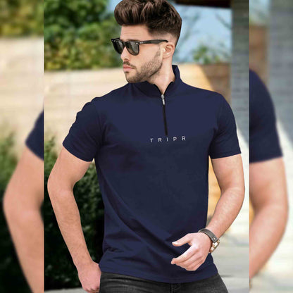 Men Plain Navy Blue Zipper High Neck Half Sleeve T-shirt