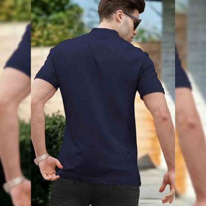 Men Plain Navy Blue Zipper High Neck Half Sleeve T-shirt