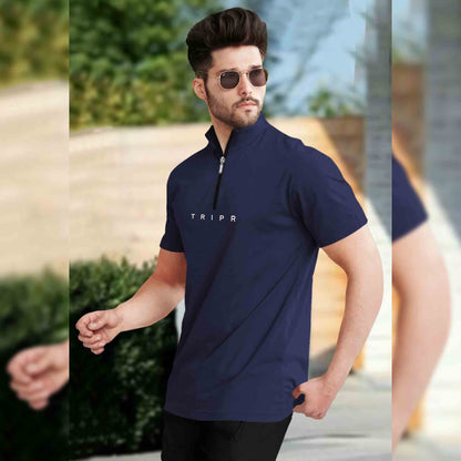 Men Plain Navy Blue Zipper High Neck Half Sleeve T-shirt