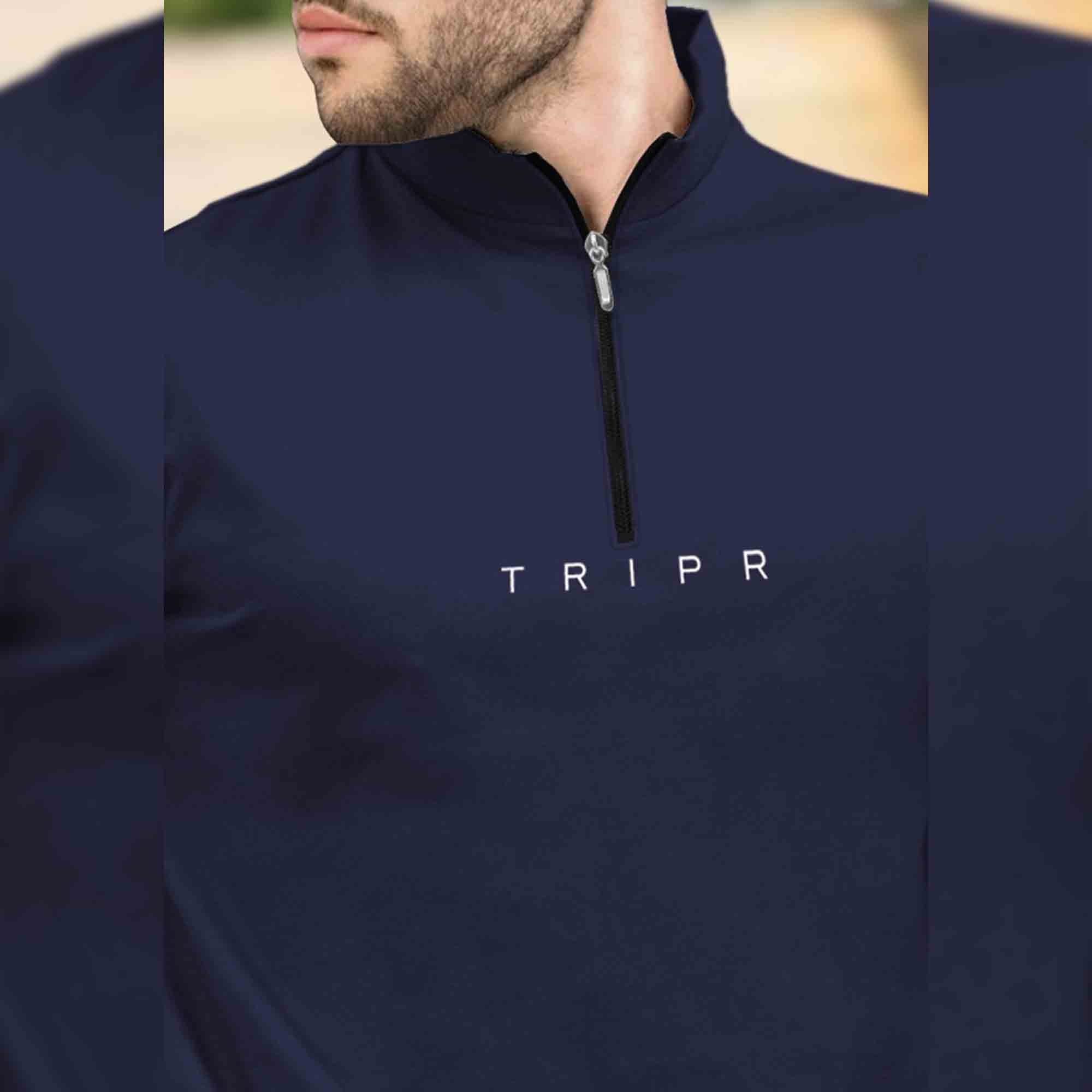 Men Plain Navy Blue Zipper High Neck Half Sleeve T-shirt