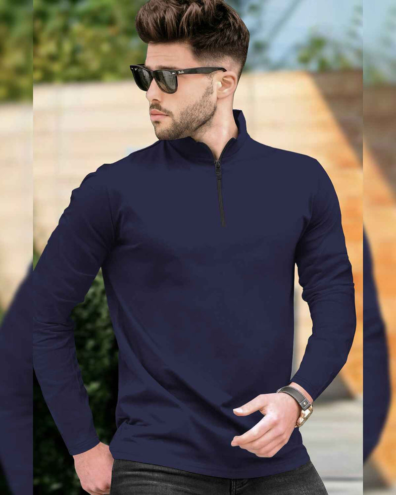 High Neck Full Sleeve Plain T-shirt / Navy Blue