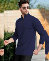 High Neck Full Sleeve Plain T-shirt / Navy Blue