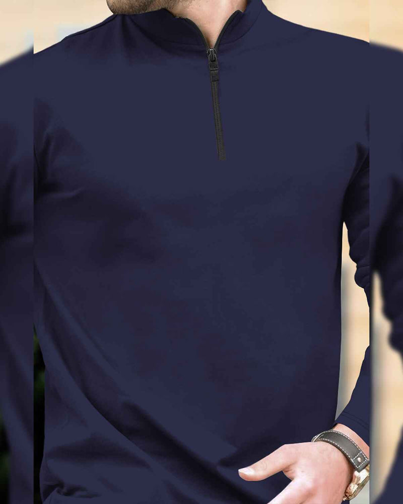 High Neck Full Sleeve Plain T-shirt / Navy Blue