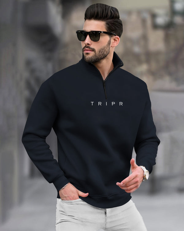 Men Navy blue Zipper High Neck Sweatshirt