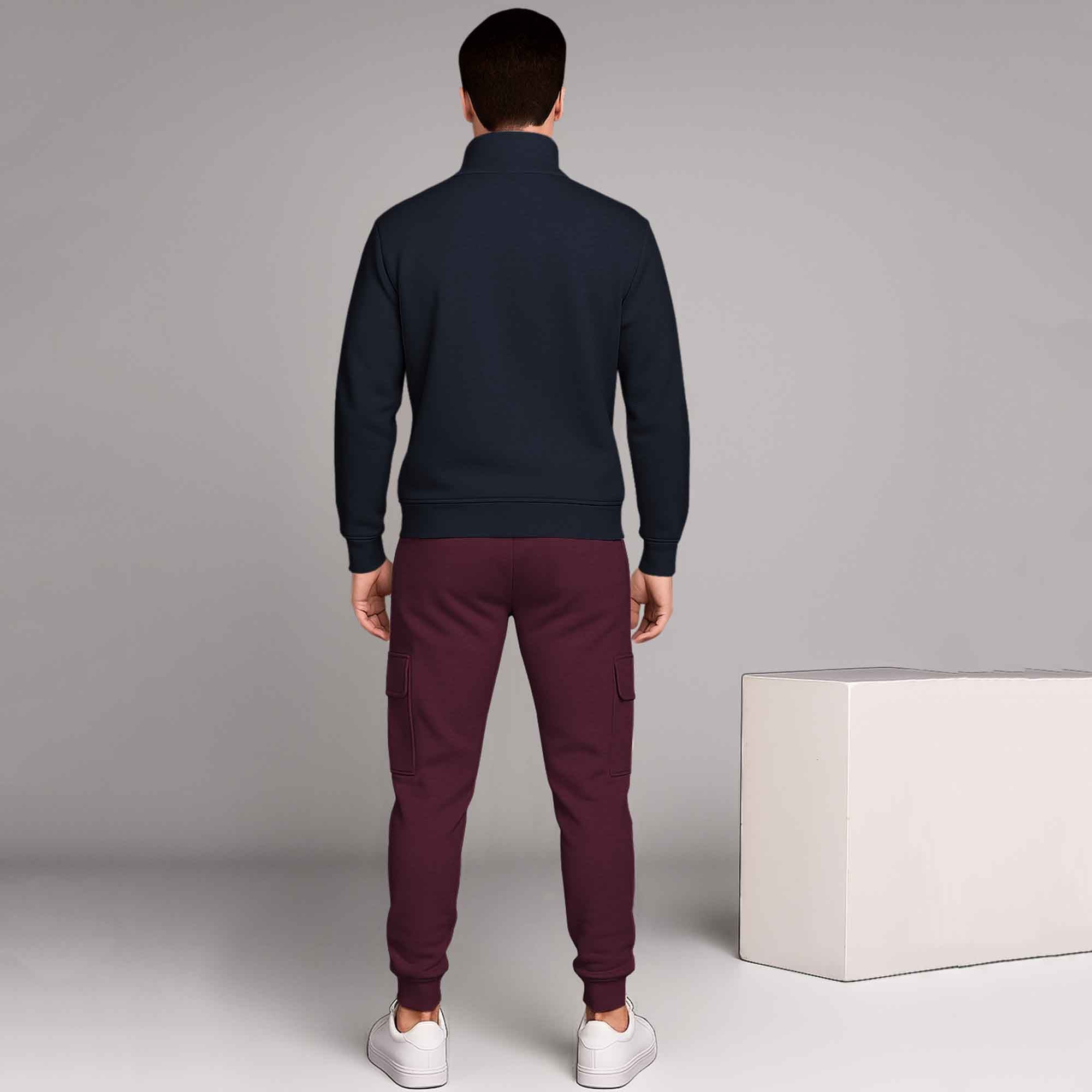 Navy Blue High Neck Sweatshirt and Maroon Cargo Jogger Tracksuit