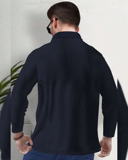 Men Textured Full Sleeve Plain Navy Blue Waffle T-shirt