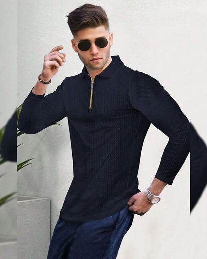Men Textured Full Sleeve Plain Navy Blue Waffle T-shirt