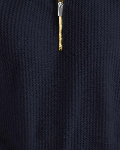 Men Textured Full Sleeve Plain Navy Blue Waffle T-shirt