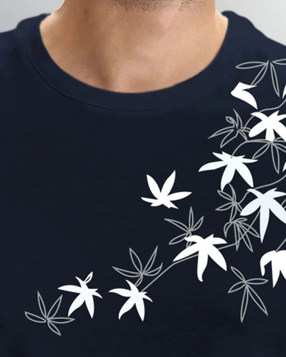 Feather Printed Half Sleeve Navy Blue Round Neck Mens T-shirt
