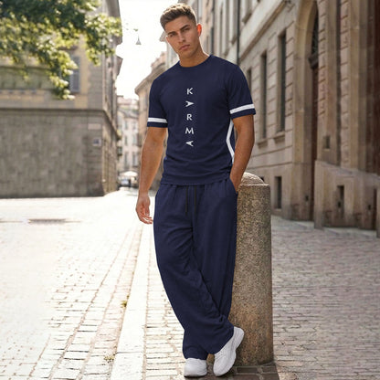 Men Tracksuit Round Neck Printed Tshirts Loose Fit Plain Trackpants