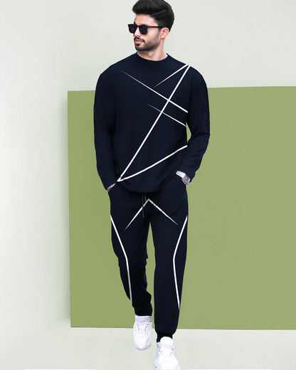 Round Neck Full Sleeve Navy T-shirt with Navy Trackpant Mens Tracksuit