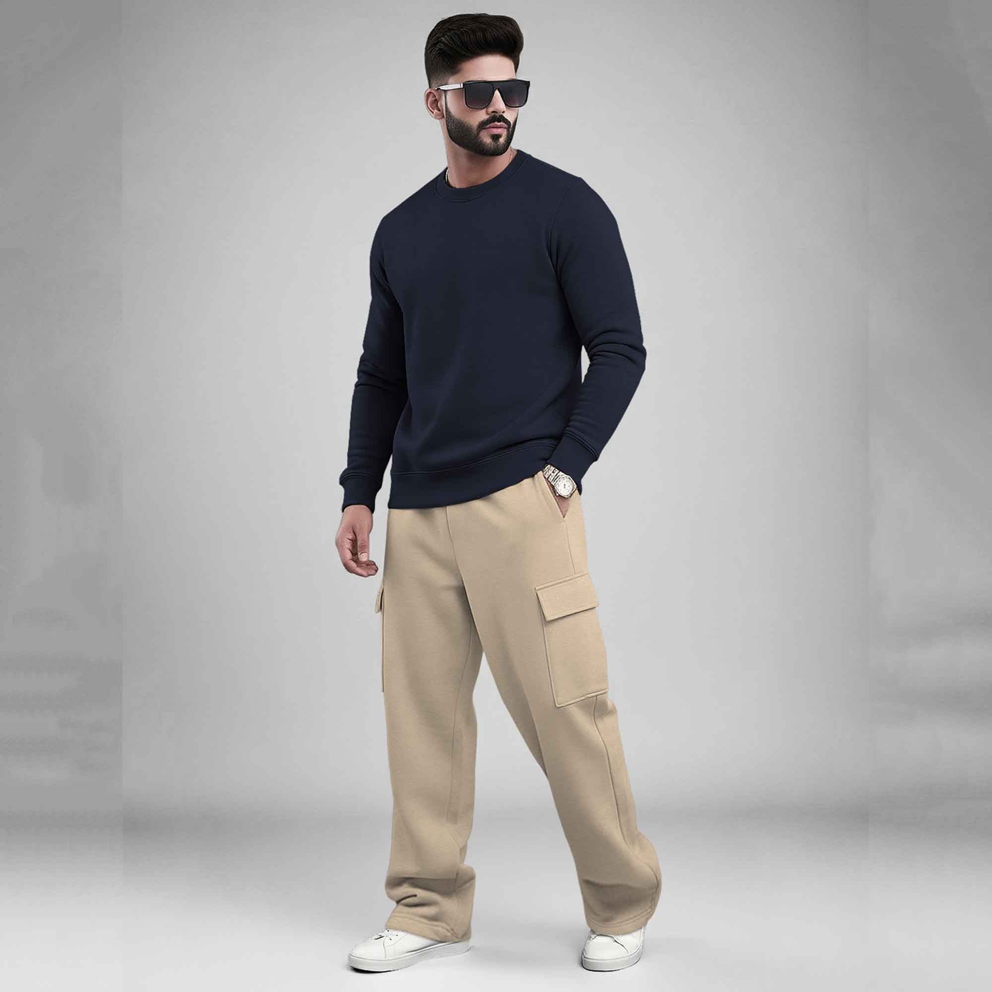 Round Neck Sweatshirt and Baggy Cargo Matching Outfits