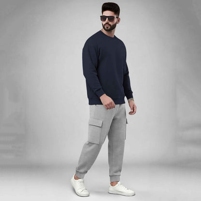 Navyblue Plain Round Neck Sweatshirt and Cargo Jogger Tracksuit