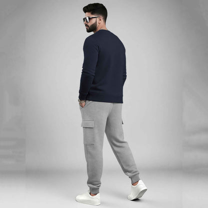 Navyblue Plain Round Neck Sweatshirt and Cargo Jogger Tracksuit