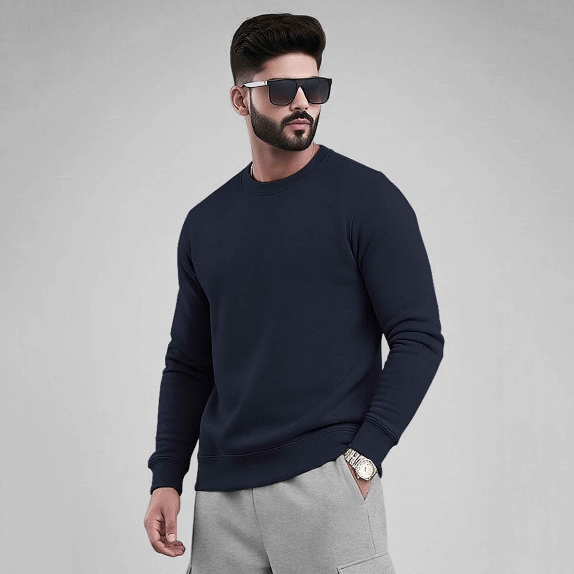 Navyblue Plain Round Neck Sweatshirt and Cargo Jogger Tracksuit