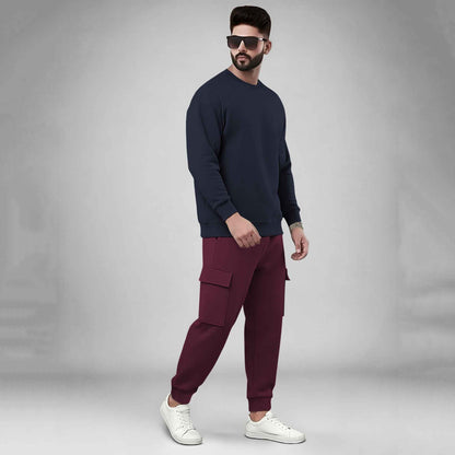Navyblue Plain Round Neck Sweatshirt and Cargo Jogger Tracksuit