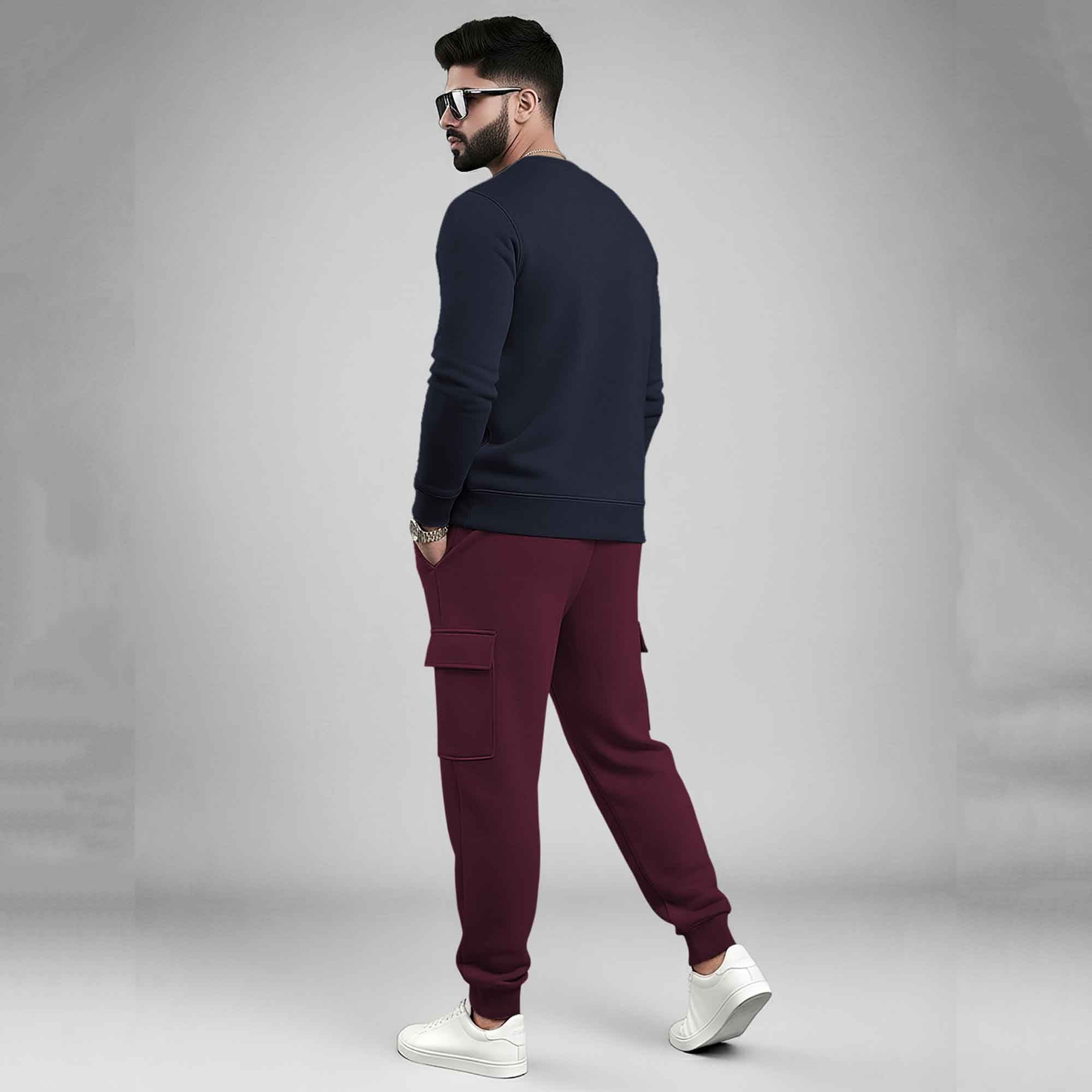 Navyblue Plain Round Neck Sweatshirt and Cargo Jogger Tracksuit