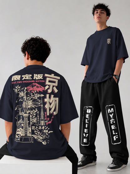 Mens Oversized Graphic Design Printed T-shirt & Baggy Trackpant Out Fit Sets