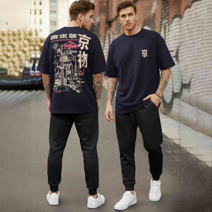 Oversized Back Printed Tshirts Plain Matching Trackpants Outfit Sets