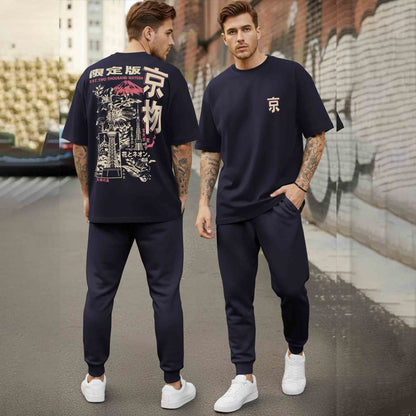 Oversized Back Printed Tshirts Plain Matching Trackpants Outfit Sets