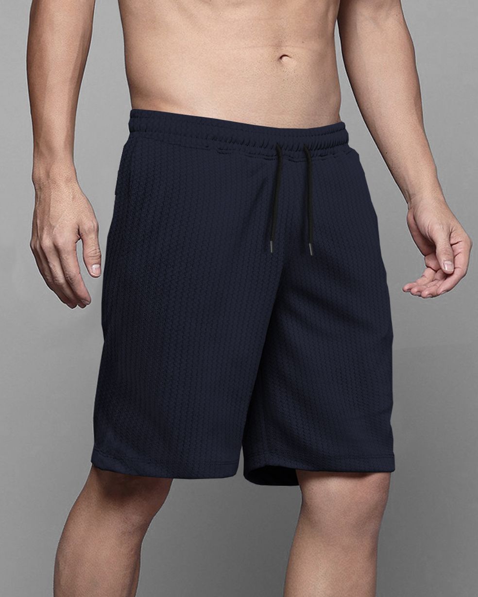 Men Plain Waffle Short Navy Blue