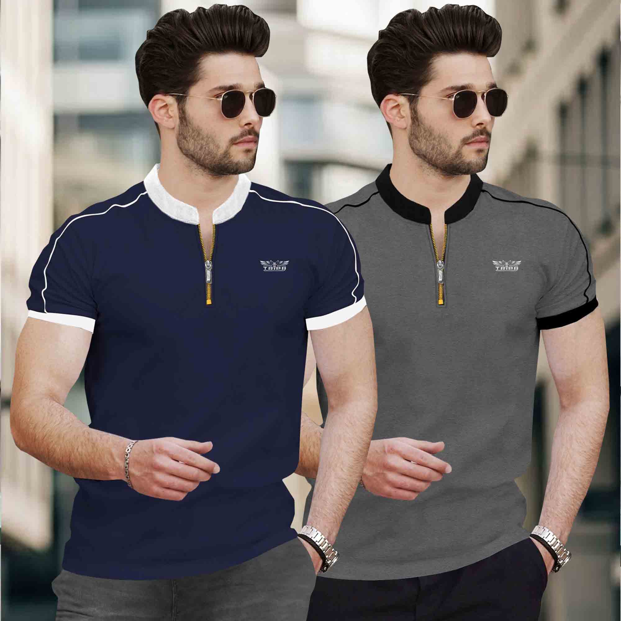 Men Pack of 2 Mandarin Collar Golden Zip Neck Combo Tshirts
