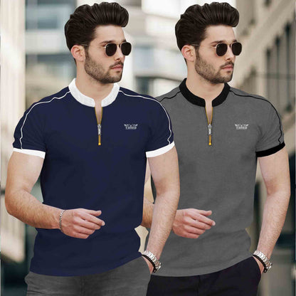 Men Pack of 2 Mandarin Collar Golden Zip Neck Combo Tshirts