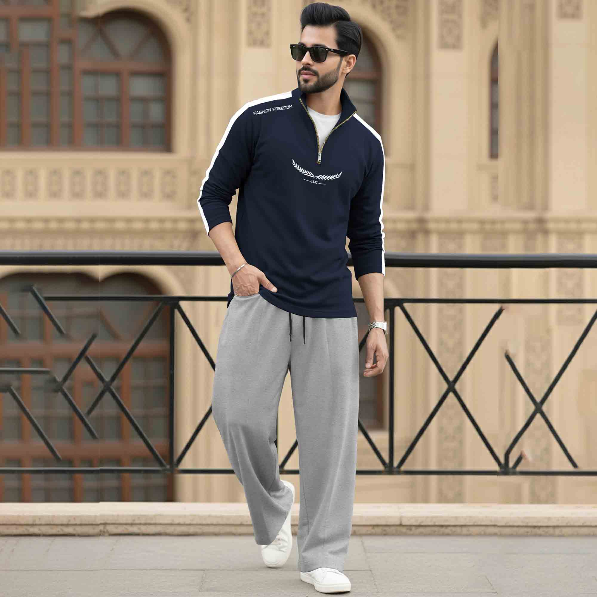 Men Tracksuit - High Neck Full Sleeve Printed T shirts & Plain Baggy pants- 15 Variants
