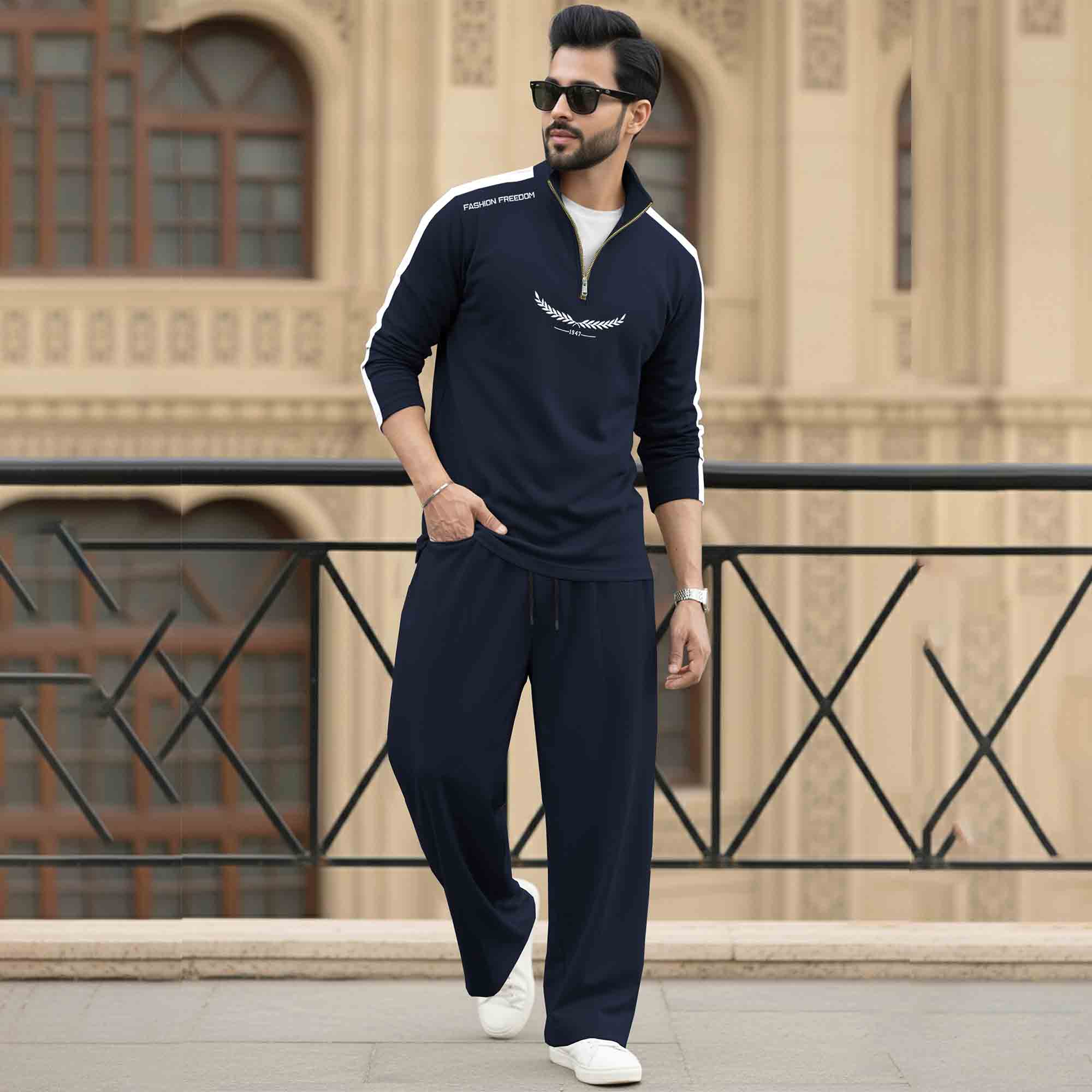 Men Tracksuit - High Neck Full Sleeve Printed T shirts & Plain Baggy pants- 15 Variants