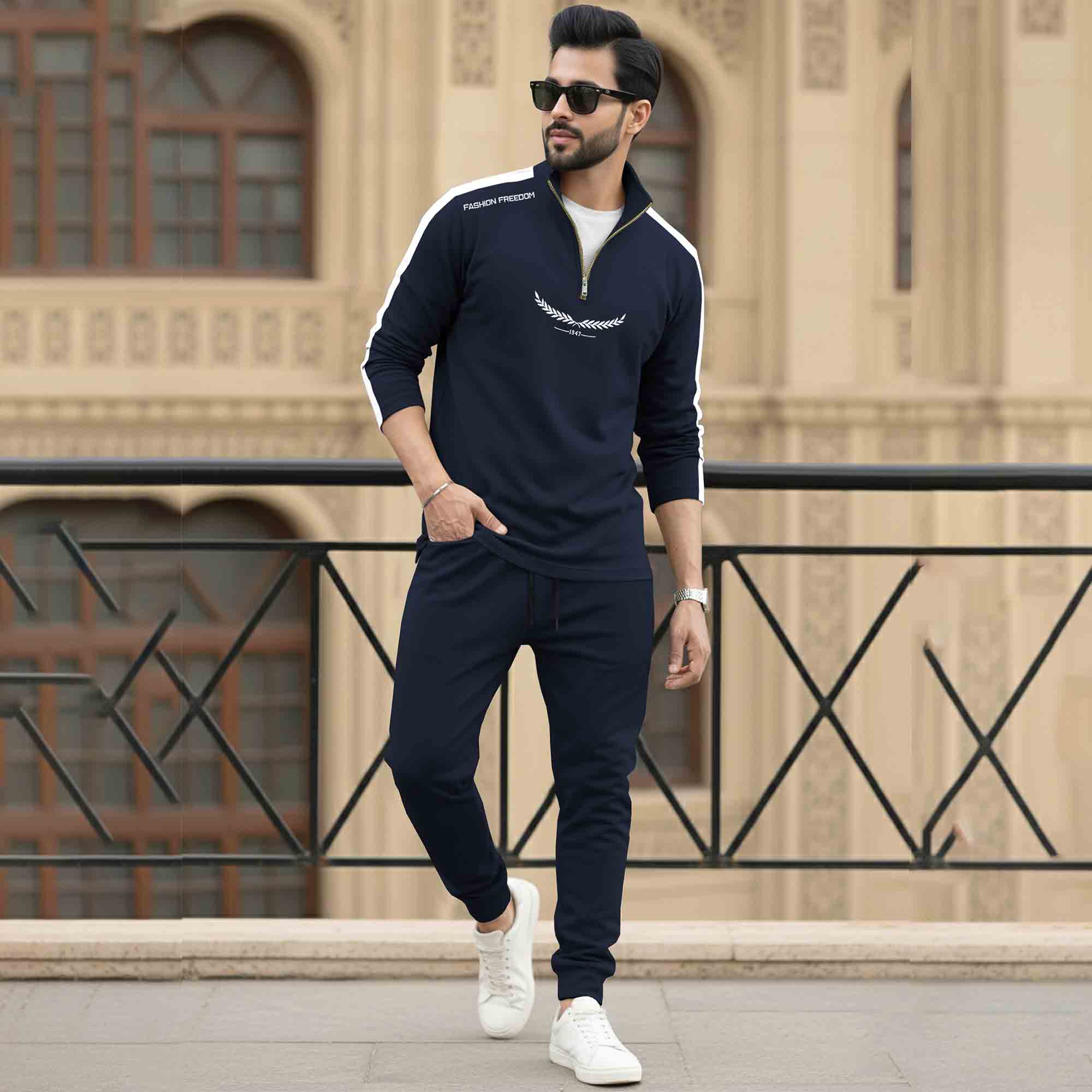 Men Tracksuit - High Neck Full Sleeve Printed T shirts & Plain Track Pants - 17 Variants