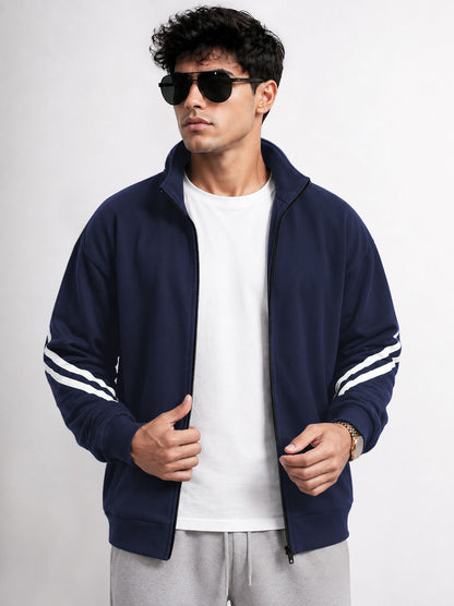 Mens High Neck Color Blocked Winter Jacket Navyblue