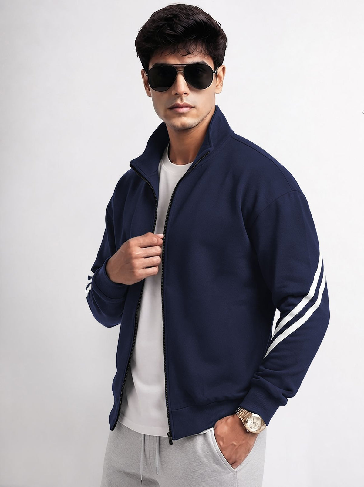 Mens High Neck Color Blocked Winter Jacket Navyblue
