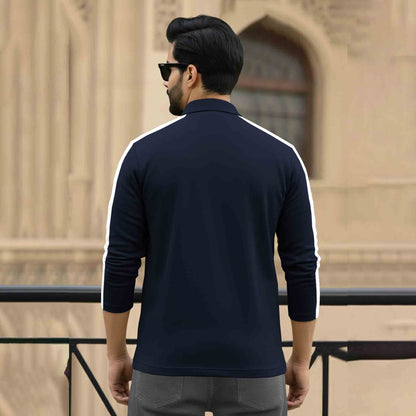 Men Quarter Zip Polo Neck Printed T-SHIRT Navy & White