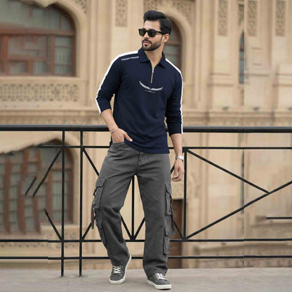 Men Quarter Zip Polo Neck Printed T-SHIRT Navy & White