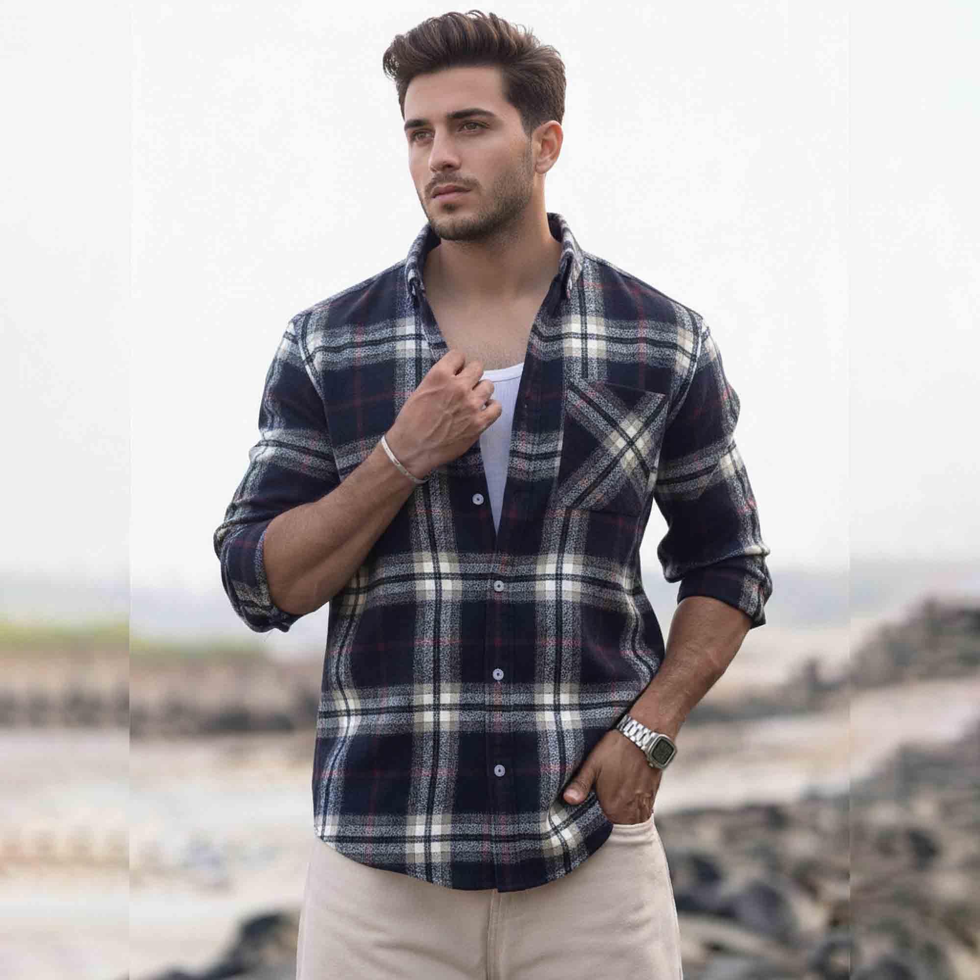 Mens Regular Fit Cotton Checked Shirt Navyblue & White