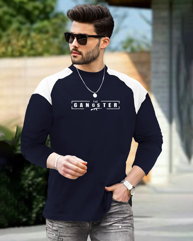 Men Navy Blue Full Sleeve Gangster Print T-shirt