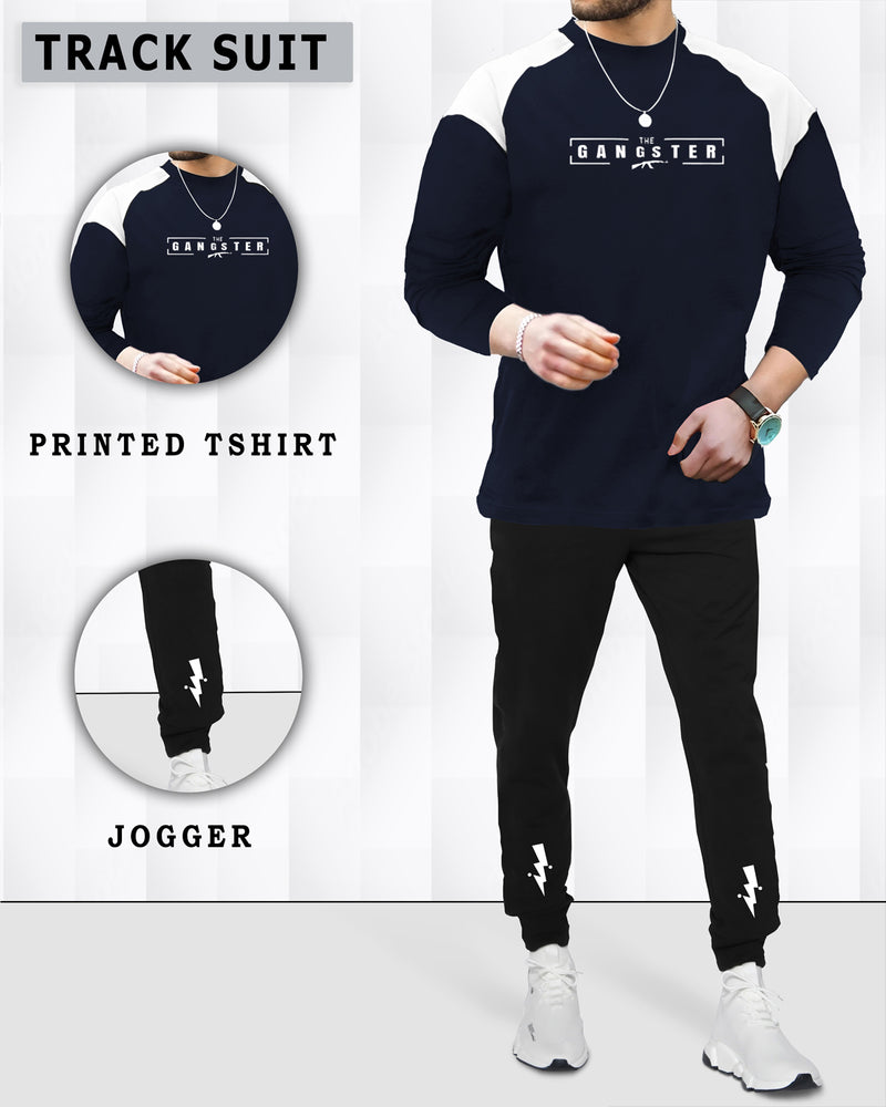 Tracksuit - Gangster Printed Navy Blue Full T-shirt & Black Trackpant