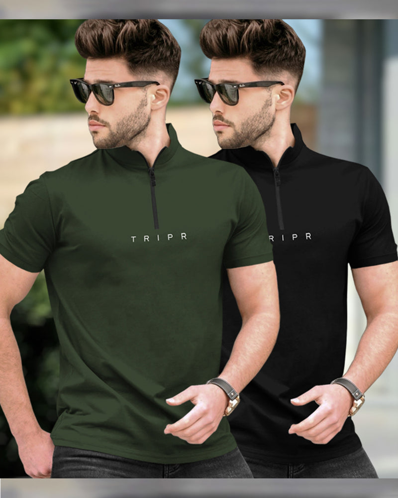 Mens High Neck Half Sleeve T-shirts (Pack Of 2) / Olive & Black