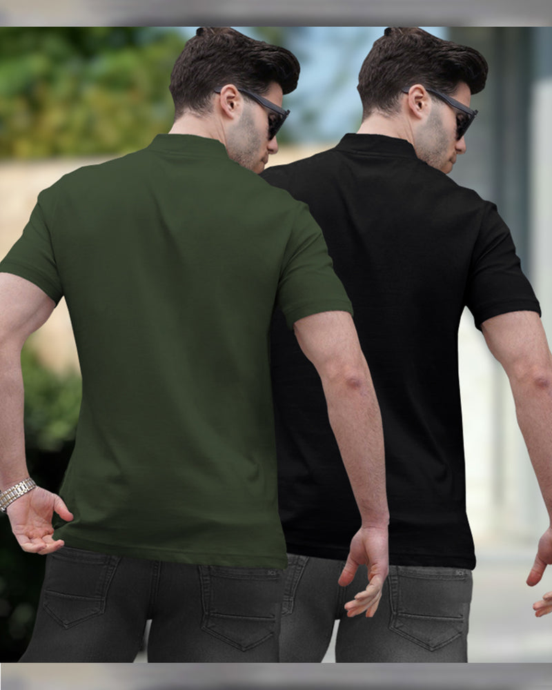 Mens High Neck Half Sleeve T-shirts (Pack Of 2) / Olive & Black