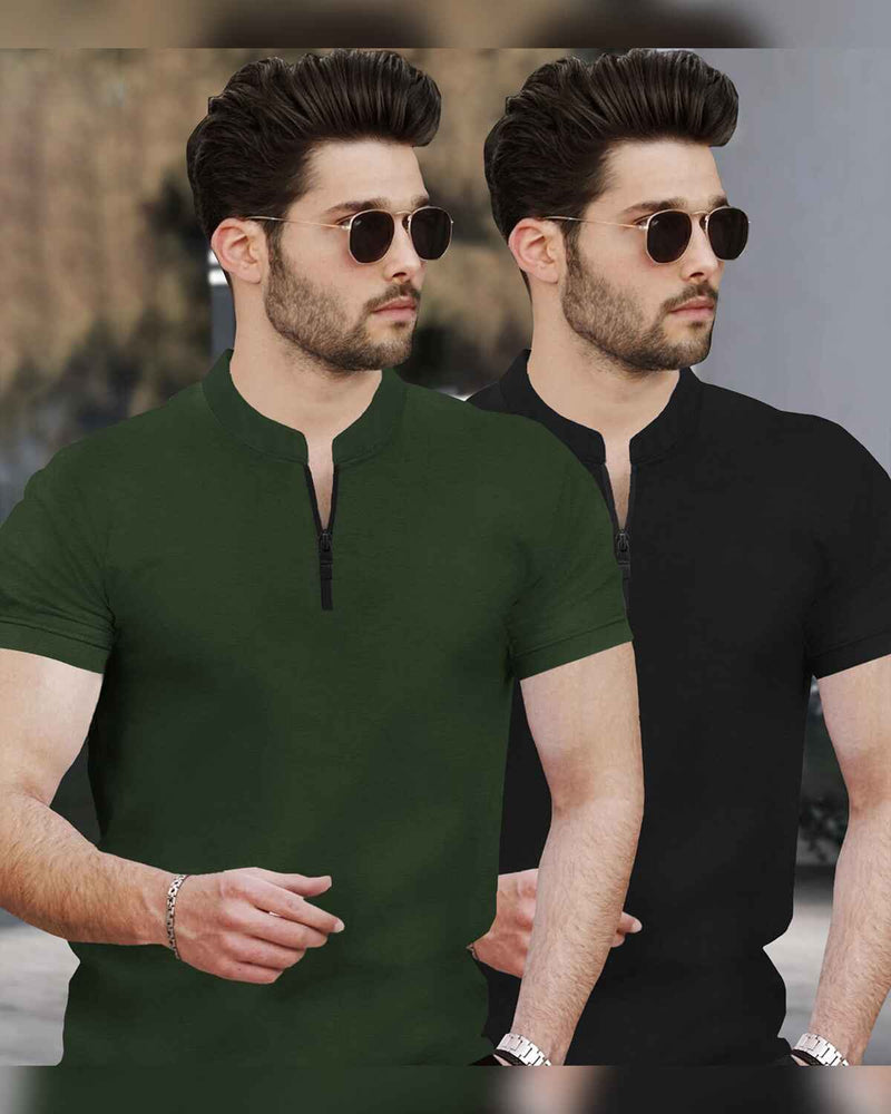 (Pack Of 2) Half Sleeve Men Henley Neck T-shirts / Olive & Black